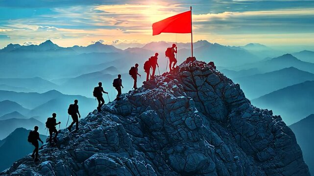 Team reaching the peak of a mountain. Individuals climbing a rocky mountain top with a red flag at the summit.