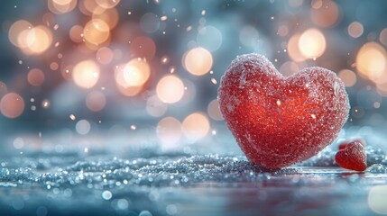 Fototapeta premium Frosted Red Heart Sparkling in Snow with Bokeh Lights Effect
