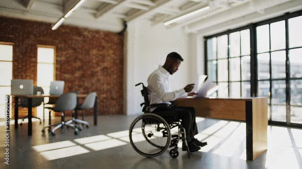 Aufkleber sunlight streams into a modern office where a confident businessman in a wheelchair reviews document