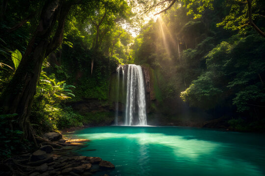 Waterfall in a lush tropical jungle of Sri Lanka, crystal-clear water, vibrant green forest, exotic nature, hidden paradise, eco-tourism, scenic travel destination, peaceful retreat, adventure

