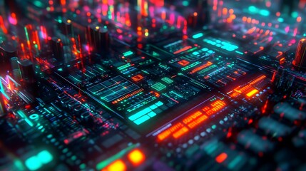 Fototapeta premium Futuristic Circuit Board With Vibrant Neon Lights