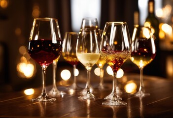 close view elegant wine glasses featuring creative pour variations captured meticulous detail, alcohol, aroma, bar, beverage, brilliance, cast, cellar