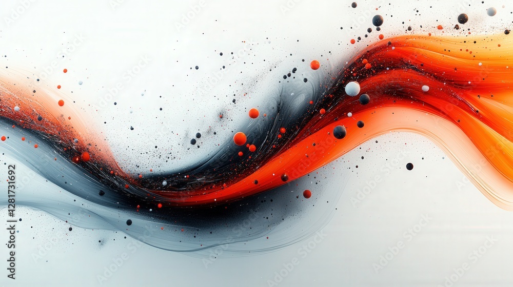 Poster abstract waves of red and black fluid shapes with scattered colorful particles on a light background