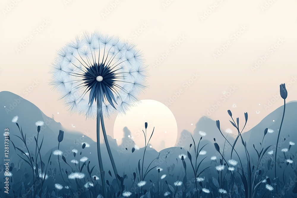 Aufkleber dandelion field at dusk: a serene scene featuring a large dandelion in a field silhouetted against a