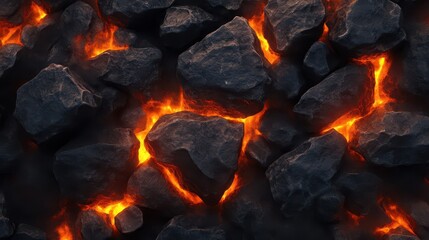 Glowing lava flows between jagged black rocks, illuminating the crevices with bright orange and red hues. The landscape reveals the raw energy of volcanic activity in a dramatic formation