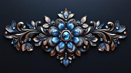 Gold, blue jewel floral ornament, dark background, design element