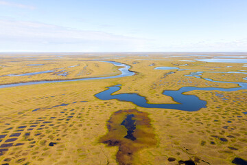 Aerial view of the tundra in the Lena River delta, Yakutia, Russia
