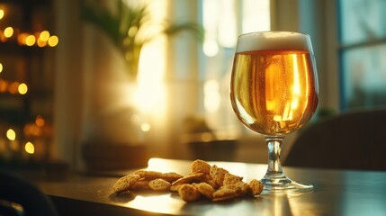 Cold beer with roasted peanuts, on wooden table, Still Life style