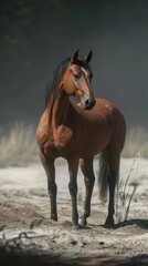 Fototapeta premium Majestic horse stands proudly in misty landscape at dawn near a tranquil water source with soft fog enveloping the surroundings
