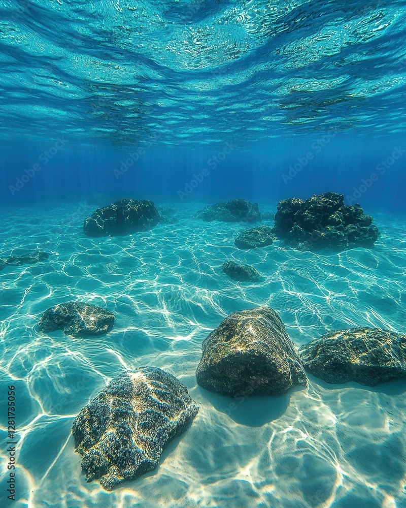 Poster serene underwater scene with rocks and sunlight filtering through clear turquoise water creating a p