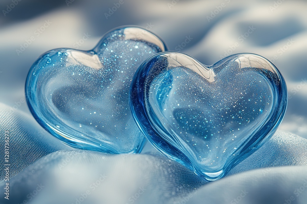 Poster two translucent blue heart-shaped objects with sparkling inclusions rest on a soft textured fabric i