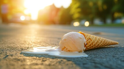 Melted ice cream cone lying on the street on a sunny day, symbolizing the fleeting nature of summer treats, with a blurred city background