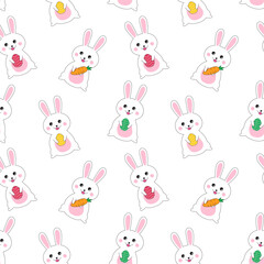 Easter seamless pattern.Colorful repeat pattern with eggs, carrot and cute rabbit little bunny isolated on white background.Vector graphic illustration.