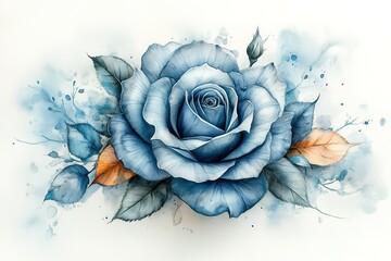 A beautiful blue rose with watercolor effects leaves and petals Perfect for cards invitations or digital design projects