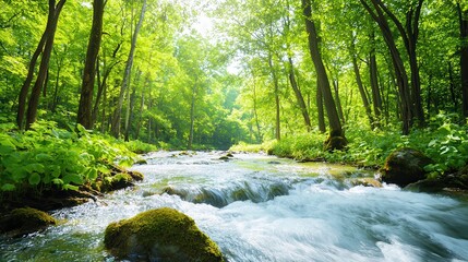 Obraz premium stress management techniques. Lush forest with a flowing stream and sunlight filtering through trees.