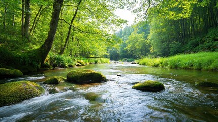 Obraz premium stress management techniques. Serene river flowing through lush green forest landscape.