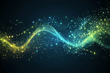 A blue and yellow wave of light with many small dots. Abstract background with glowing blue and green waves on a black backdrop, a concept of sound or music visualization.