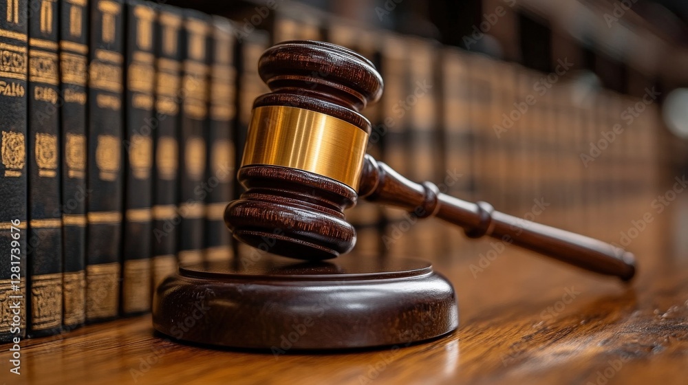 Poster a wooden gavel resting on a polished table in front of a row of law books in a library