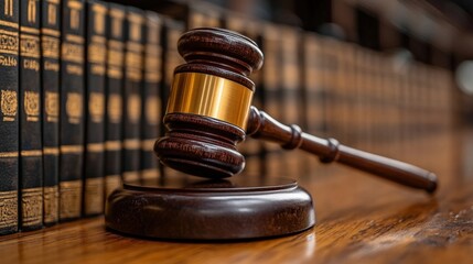 Obraz premium A wooden gavel resting on a polished table in front of a row of law books in a library