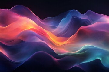 Fototapeta premium A colorful wave with orange, blue, and purple colors. Abstract background with glowing blue and green waves on a black backdrop, a concept of sound or music visualization.