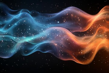 Obraz premium A blue and orange wave with stars in the background. Abstract background with glowing blue and green waves on a black backdrop, a concept of sound or music visualization.