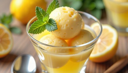 Lemon sorbet served in elegant glass, refreshing dessert delight