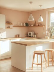 Fototapeta premium Modern kitchen features a minimalist design with bright lighting