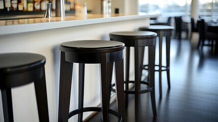 Modern bar stools at a waterfront restaurant.  Background shows dining area and bar.  Use restaurant, interior design