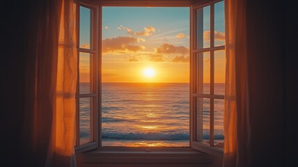 Romantic view of a seaside sunset seen from an open window © Sakonwan