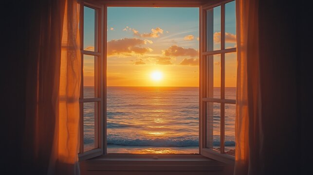Fototapeta Romantic view of a seaside sunset seen from an open window