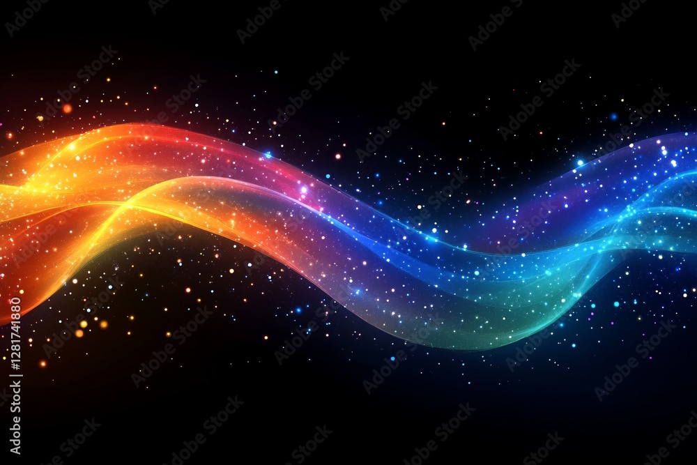 Poster a colorful wave of light with stars in the background. abstract background with glowing blue and gre