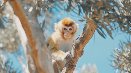 Fototapeta premium Young monkey perched in olive tree, sunny day, wildlife sanctuary
