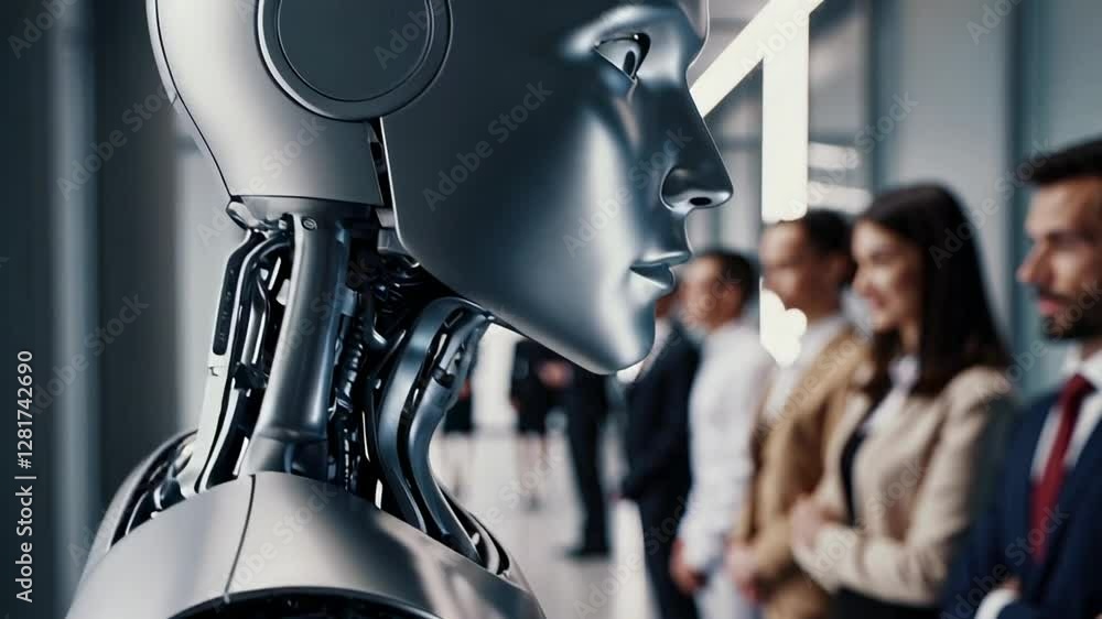 Poster Advanced humanoid robot stands in line with business people, possibly during a job interview process, showcasing the integration of artificial intelligence in the workplace