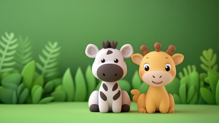 Obraz premium Two charming cartoon animal figures, a white and black cow alongside a cheerful yellow giraffe, are set against a vibrant green backdrop filled with stylized foliage