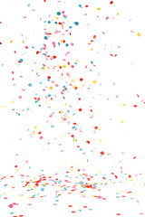 festive falling and flying colorful paper confetti on transparent background