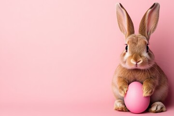 A fluffy bunny sits upright, gently cradling a pastel pink egg in its paws. The soft pink background enhances the cheerful atmosphere of spring festivities
