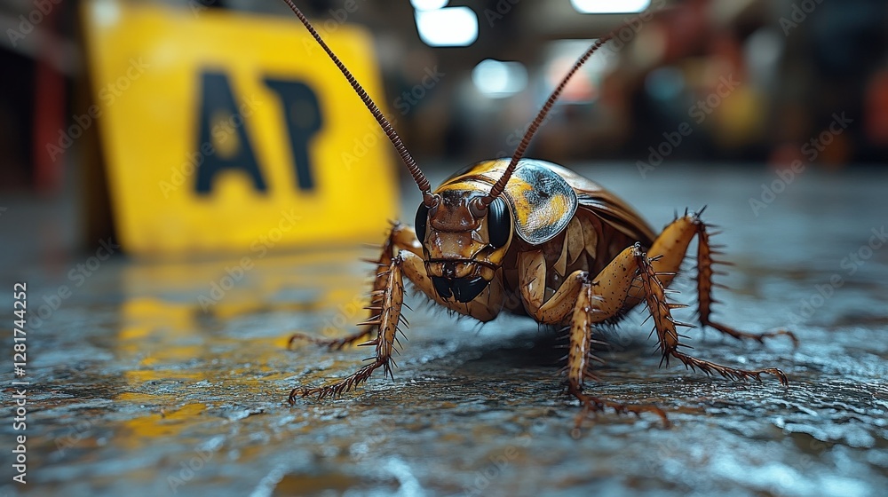 Poster close-up of a cockroach on a wet floor with blurred background elements and signage