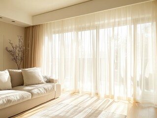 Interior daylight streaming through sheers illuminating a sunlit living room