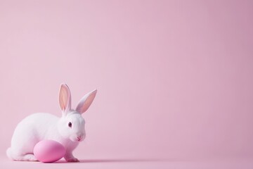 Obraz premium A white rabbit with long ears sits next to a vibrant pink egg on a gentle pink backdrop. This represents the joyous spirit of spring celebrations and Easter
