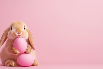 A fluffy bunny sits on a soft pink surface, gently cradling two pink Easter eggs. The scene captures the playful spirit of spring celebrations, evoking joy and warmth