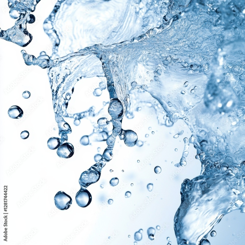 Poster dynamic splash of crystal clear water creating abstract shapes against a bright white background evo