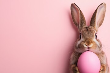 A cute rabbit grips a pink egg with its paws, standing against a soft pink backdrop, showcasing the festive spirit of Easter with bright colors