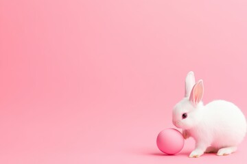 Obraz premium A small white rabbit curiously nudges a pink egg on a soft pink background. This delightful moment captures the joyful spirit of springtime and Easter festivities