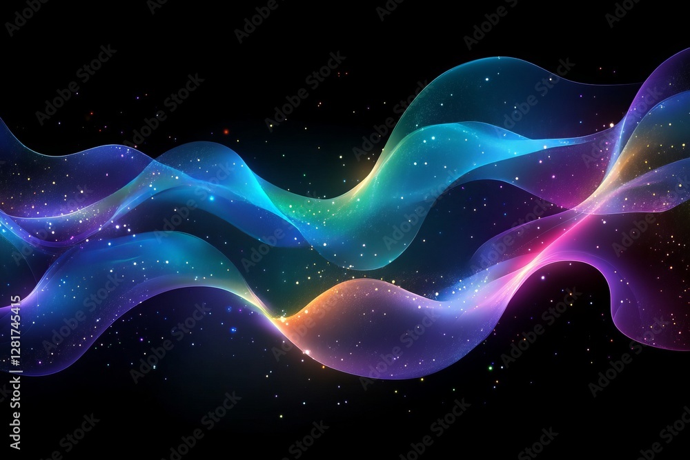 Poster a colorful wave with stars in the background. abstract background with glowing blue and green waves 