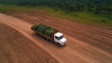 A large truck is loaded with timber logs driving on a dirt road surrounded by dense vegetation. The landscape features palm trees and a clear blue sky, indicating a warm day