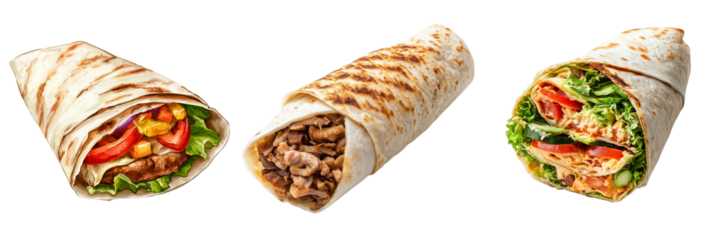 Set of Close-up of a freshly made veggie wrap filled with colorful vegetables such as lettuce, tomatoes on transparent png background. Ai generated