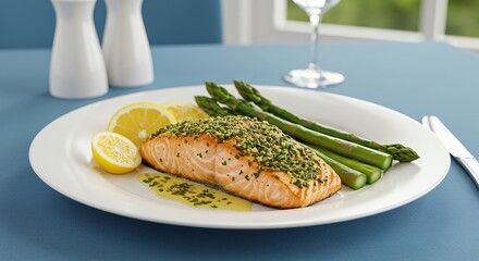 Grilled Salmon with Asparagus and Lemon Plate Close-up Gourmet Food