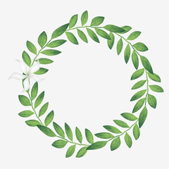 Round frame of green branches with white flowers. Watercolor illustration