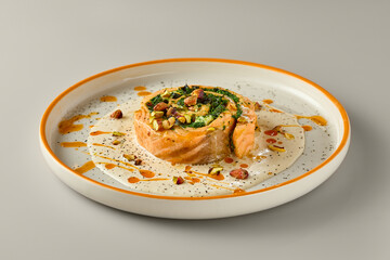 Gourmet Salmon Spinach Roll on Elegant Plate with Artistic Garnish