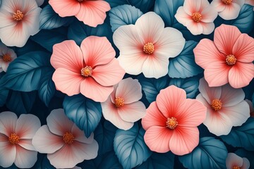 Obraz premium A bunch of pink and white flowers. Vintage floral pattern with small white flowers and leaves on a turquoise background, a seamless vector fabric texture design for textile print